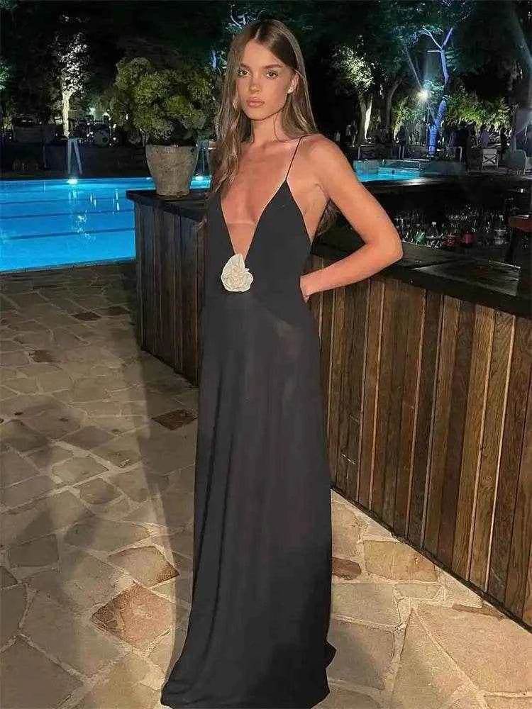 Flower Sheer Maxi Dress – Backless Club Elegance - Stylbelle
