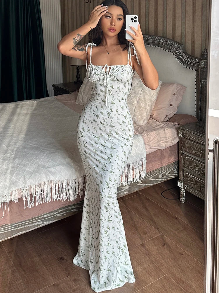 Floral Backless Maxi Dress – Elegant Ruffle Bodycon