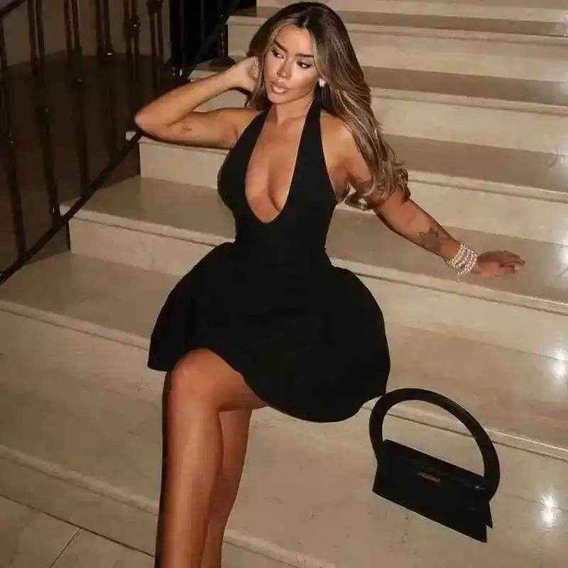 Off-Shoulder Mini A-Line – Deep V Party Dress - Stylbelle