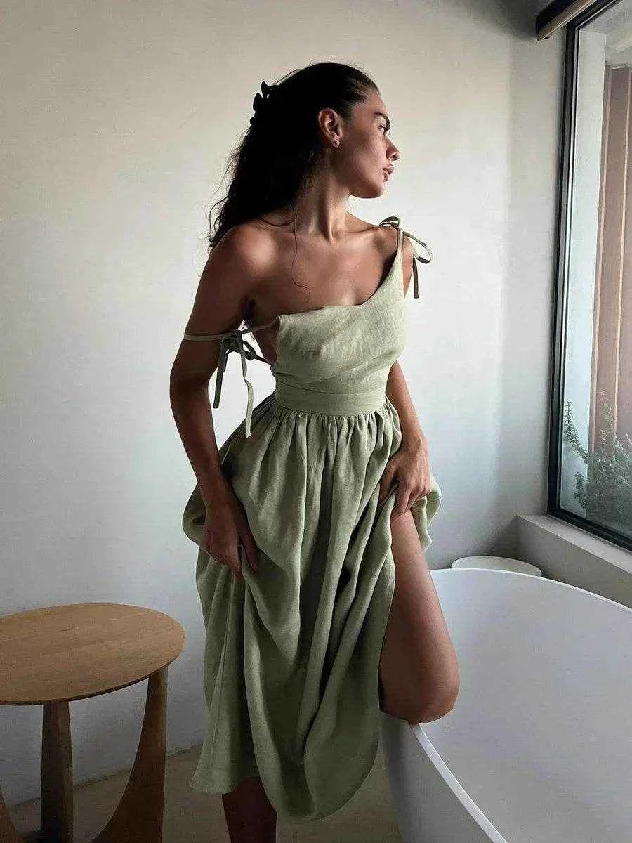 Vintage Cotton V-Neck A-Line Beach Dress - Stylbelle