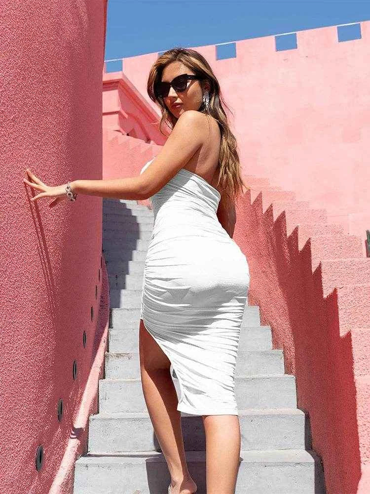 Strapless Ruched Slit Bodycon Dress - Stylbelle