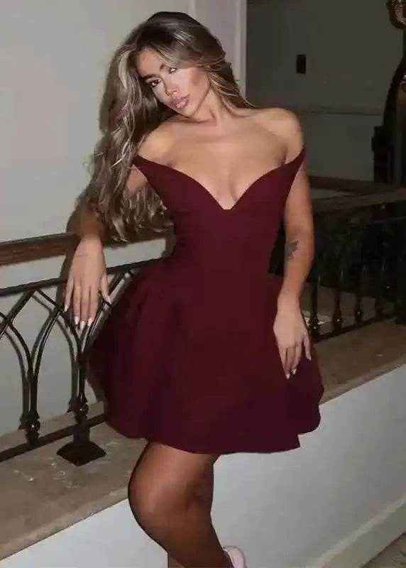 Off-Shoulder Mini A-Line – Deep V Party Dress - Stylbelle
