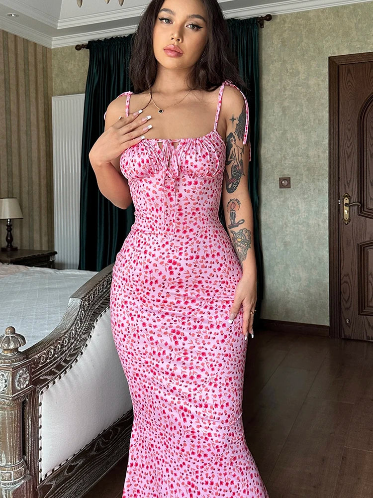Floral Backless Maxi Dress – Elegant Ruffle Bodycon