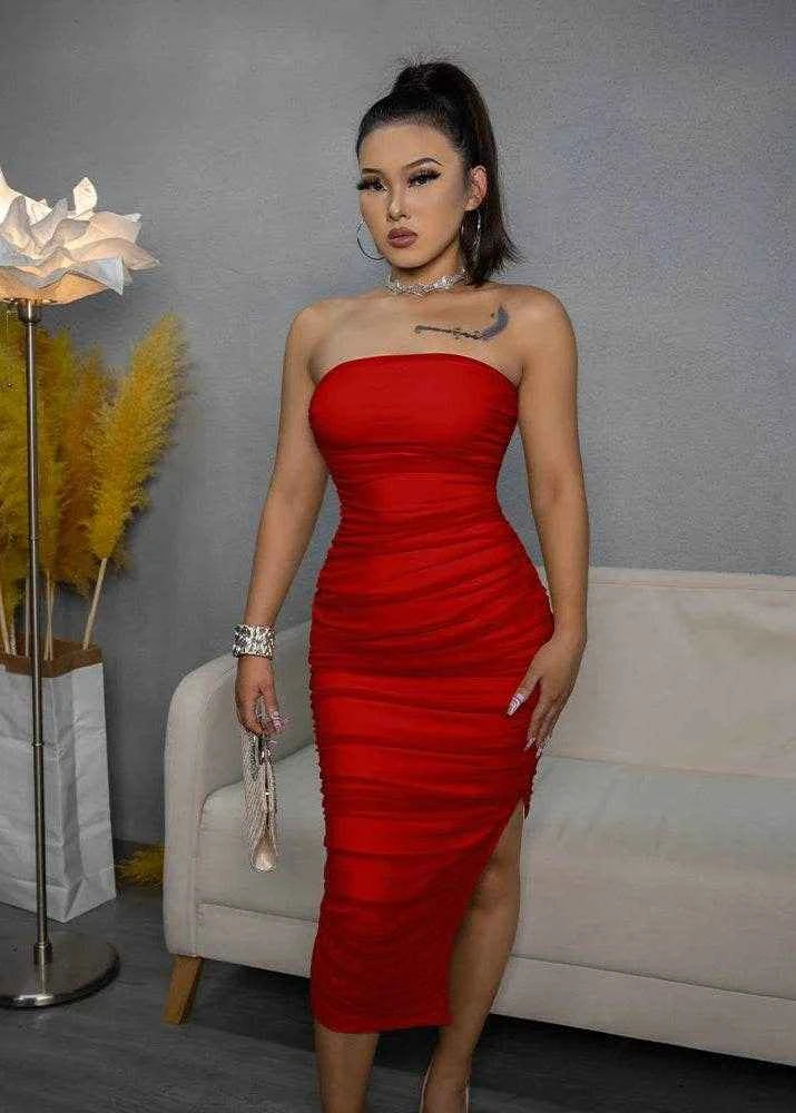 Strapless Ruched Slit Bodycon Dress - Stylbelle