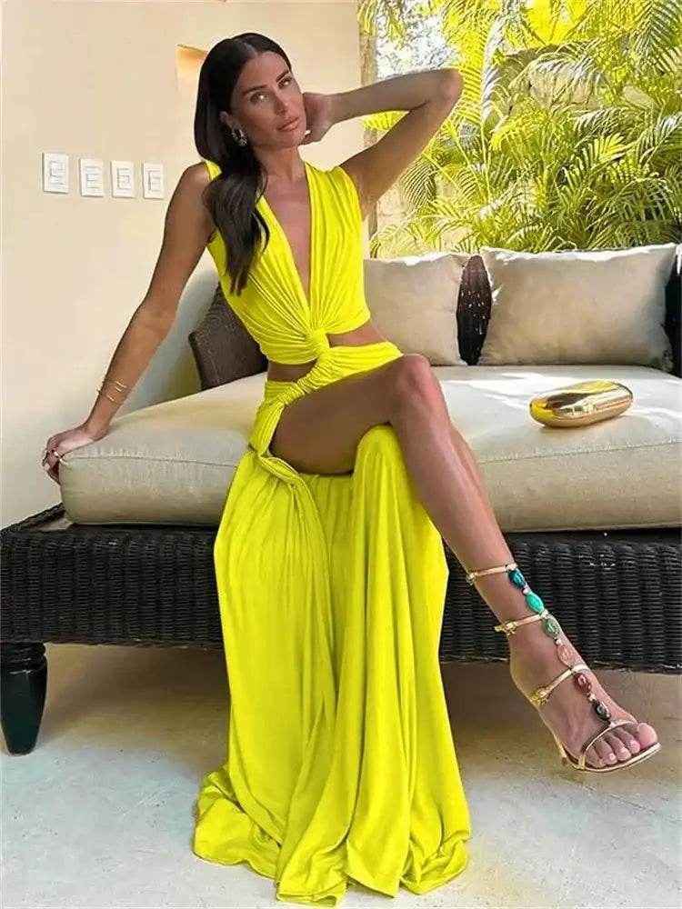 Twist Knot Maxi Beach Dress – Hollow High Split - Stylbelle