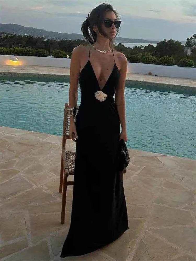 Flower Sheer Maxi Dress – Backless Club Elegance - Stylbelle