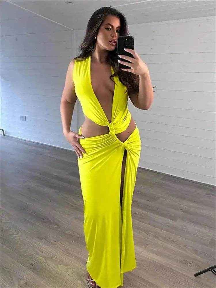 Twist Knot Maxi Beach Dress – Hollow High Split - Stylbelle