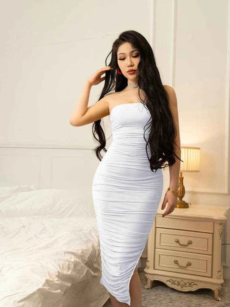 Strapless Ruched Slit Bodycon Dress - Stylbelle
