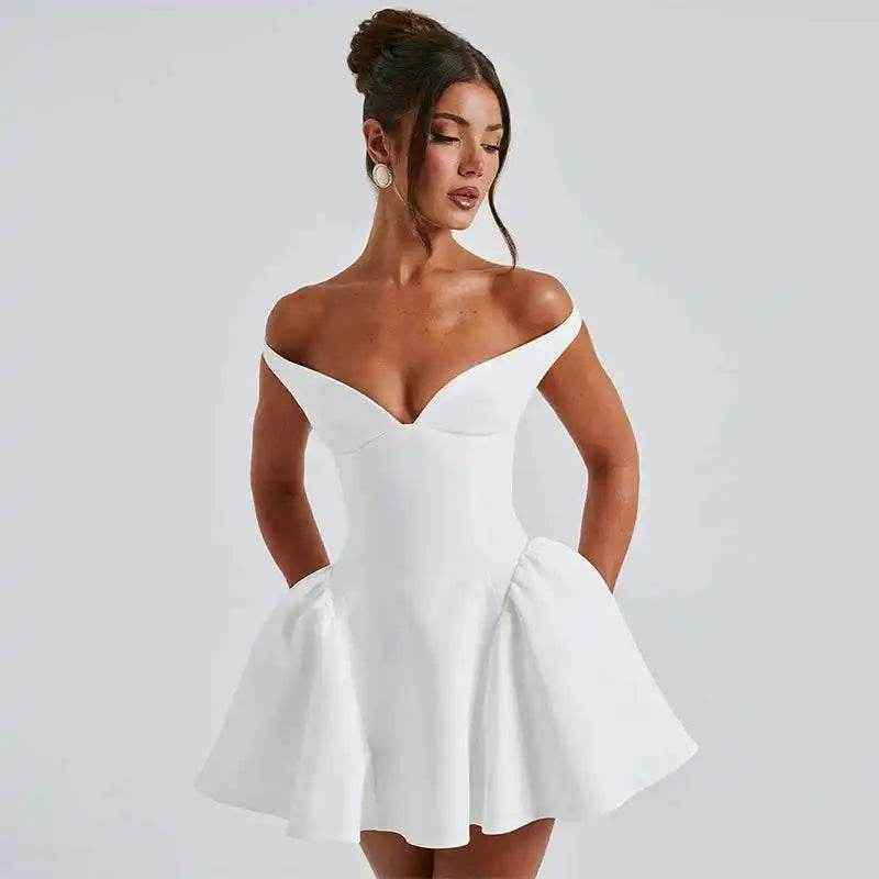 Off-Shoulder Mini A-Line – Deep V Party Dress - Stylbelle
