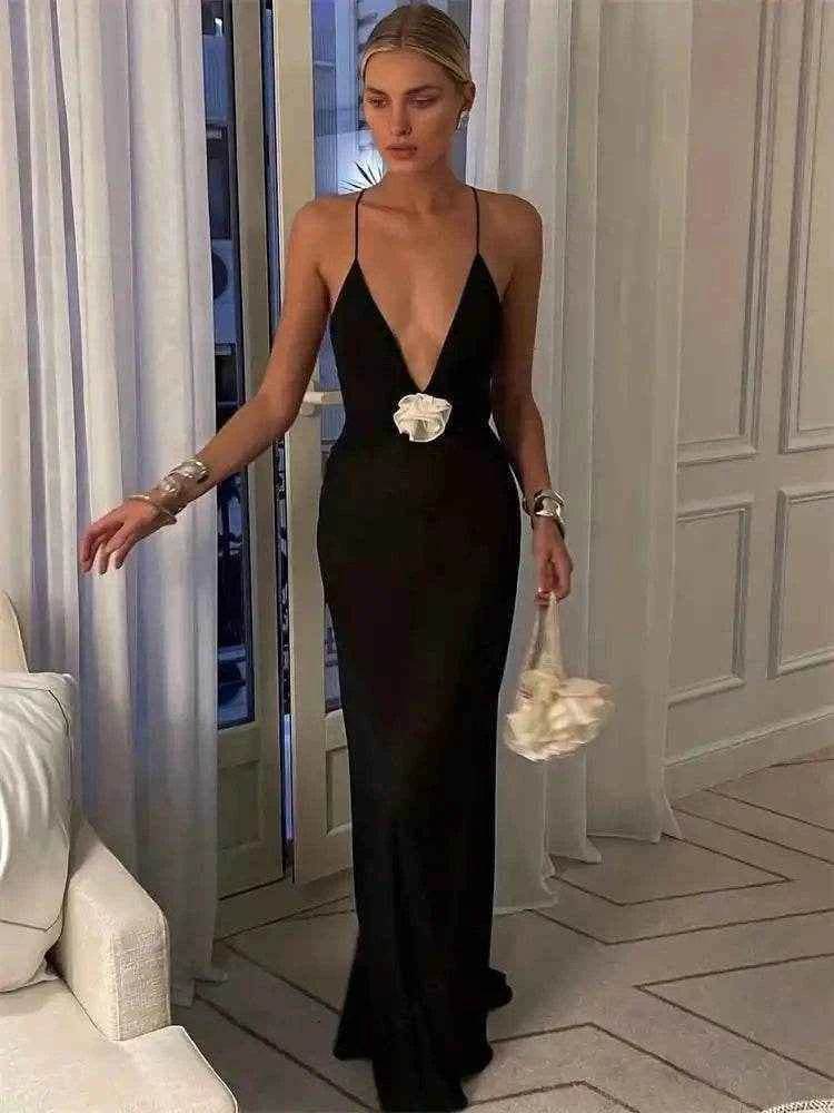 Flower Sheer Maxi Dress – Backless Club Elegance - Stylbelle