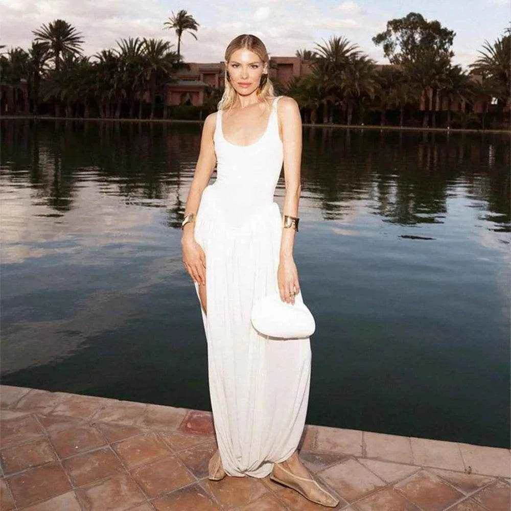 Cryptographic Ruched Split Backless Maxi Dress - Stylbelle
