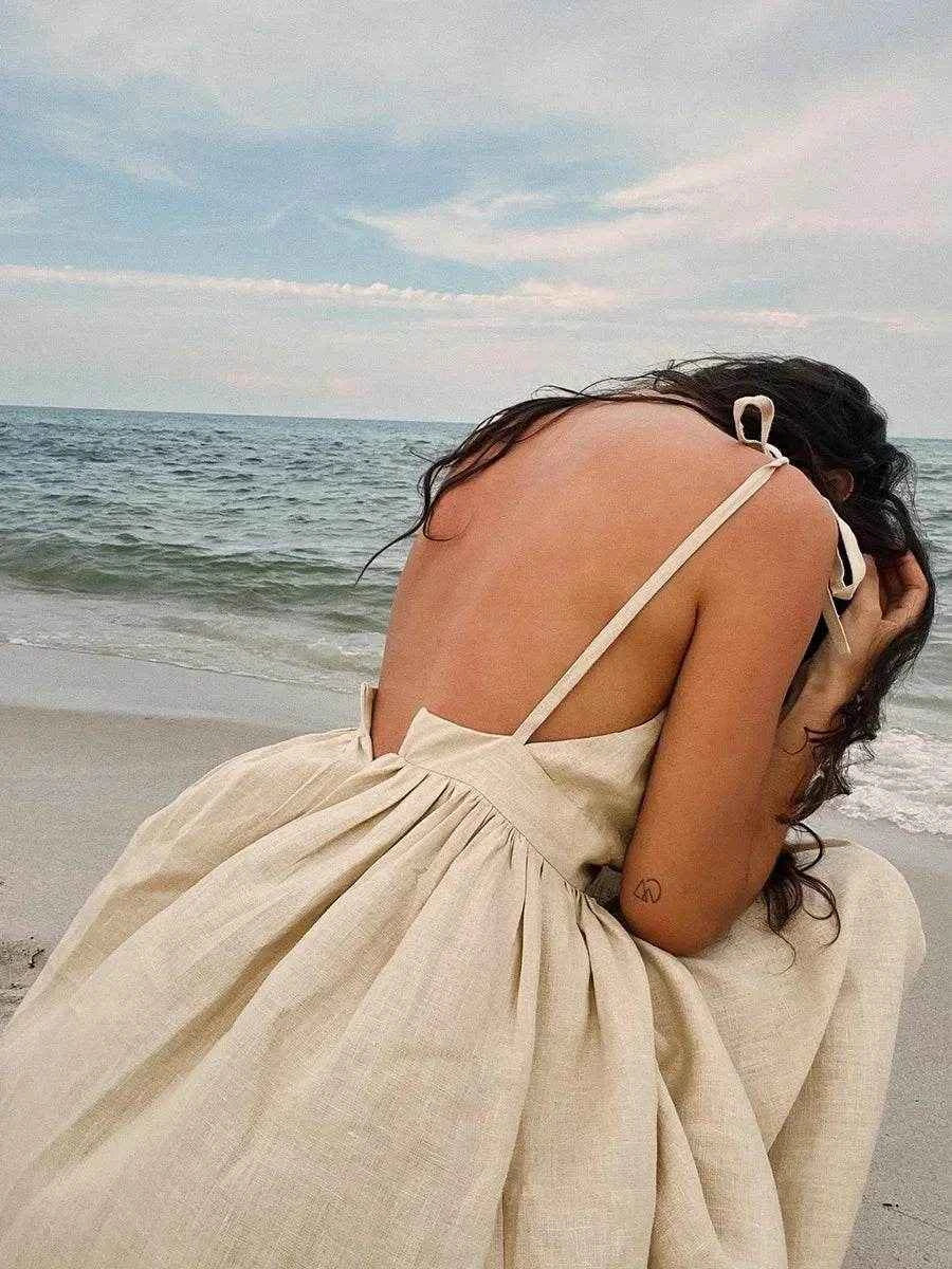 Vintage Cotton V-Neck A-Line Beach Dress - Stylbelle