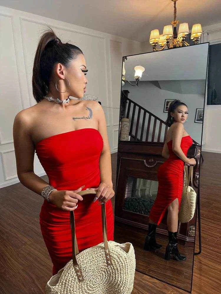 Strapless Ruched Slit Bodycon Dress - Stylbelle