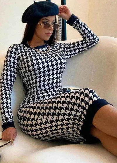 Houndstooth Bodycon Midi Dress - Stylbelle