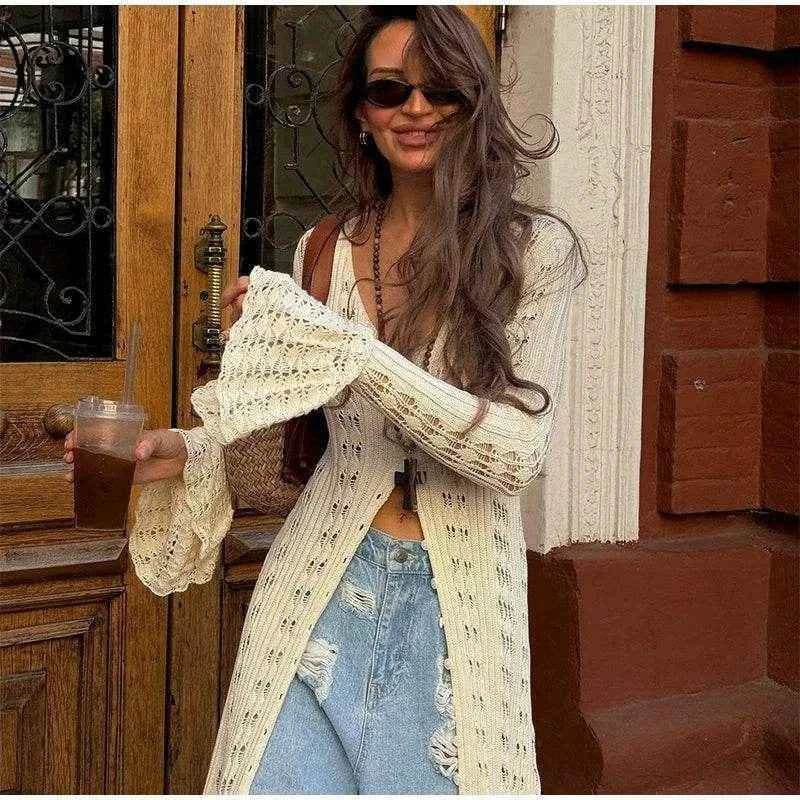 Elegant Knitted Hollow Out Long Dress - Stylbelle