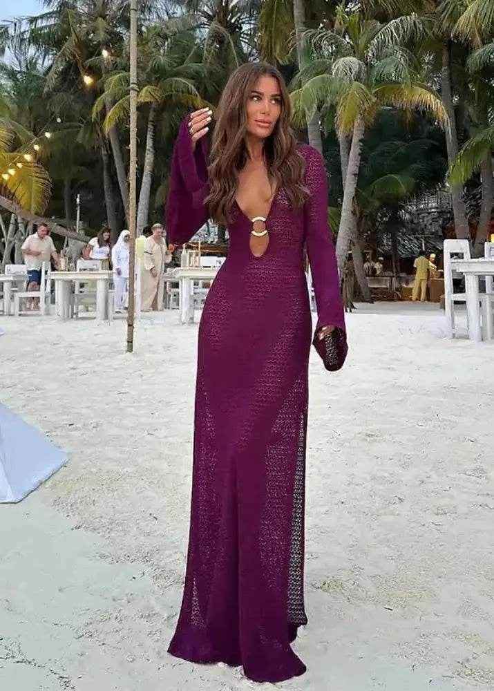 Colorful Printed Crochet Maxi Dress – Deep V Backless - Stylbelle