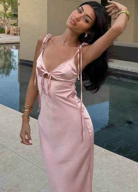 Elegant V-Neck Lace-Up Maxi Dress with Spaghetti Straps - Stylbelle