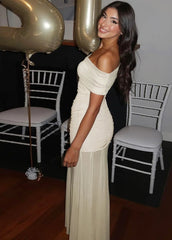 Off-Shoulder Ruched Mesh Maxi Dress