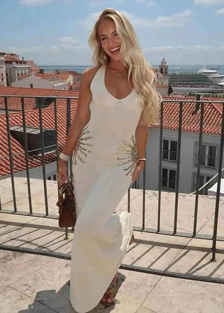 Colorful Printed Crochet Maxi Dress – Deep V Backless - Stylbelle