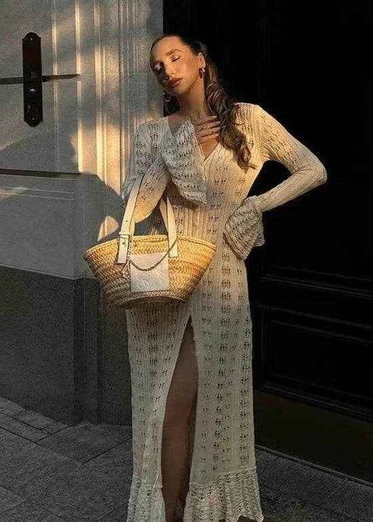 Elegant Knitted Hollow Out Long Dress - Stylbelle