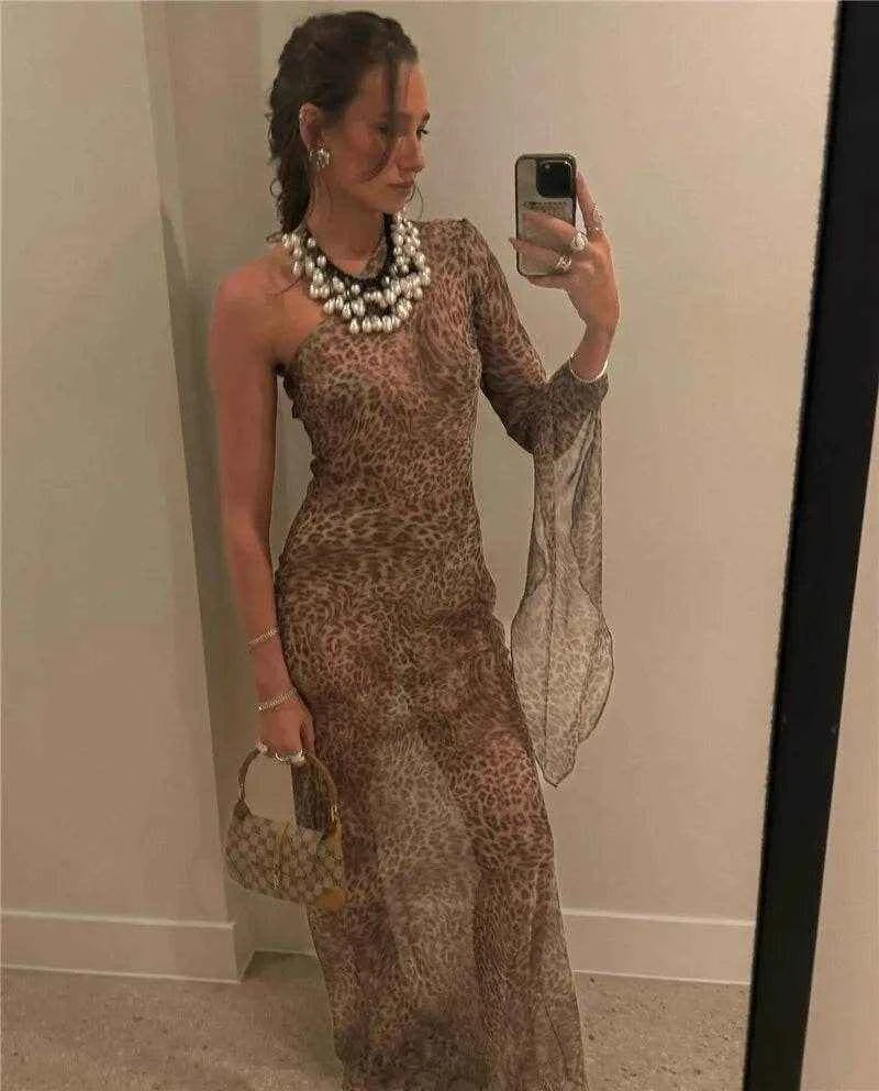 Leopard One-Shoulder Maxi Backless Vacation - Stylbelle