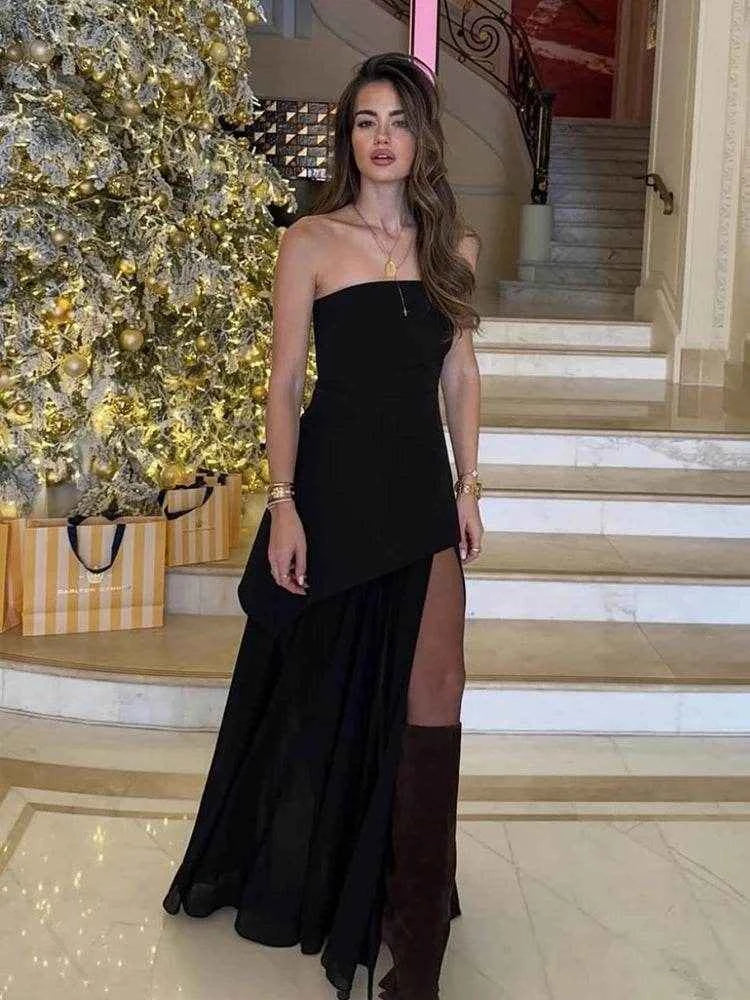 Strapless Mesh Ribbon Maxi Dress - Stylbelle