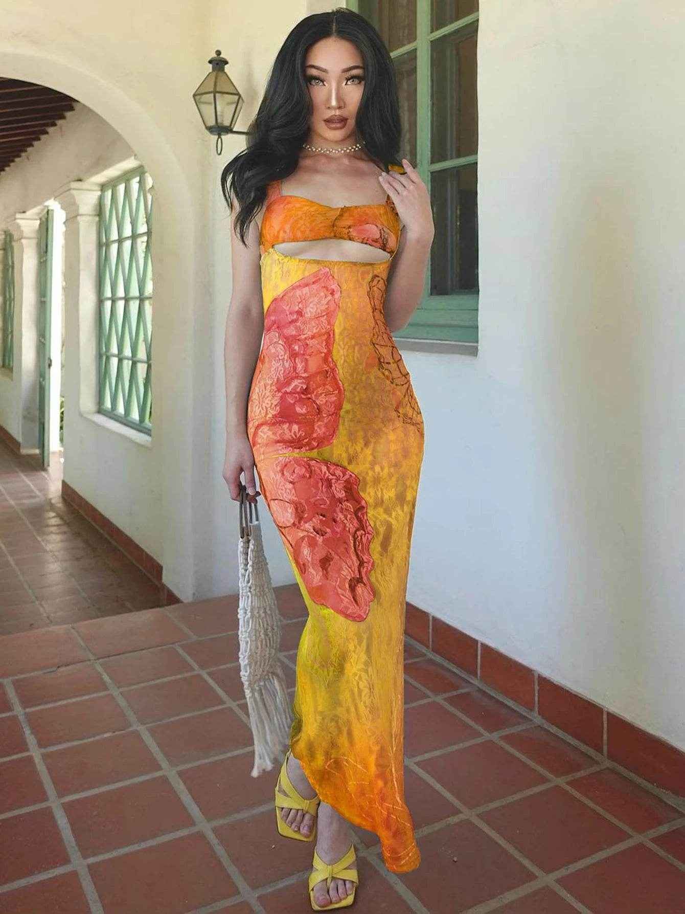 Lace Print Cut-Out Maxi Dress - Stylbelle