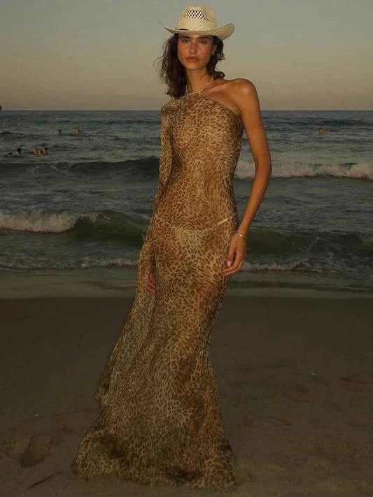 Leopard One-Shoulder Maxi Backless Vacation - Stylbelle