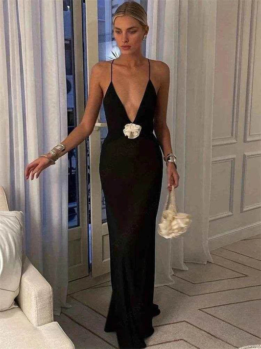 Flower Sheer Maxi Dress – Backless Club Elegance - Stylbelle