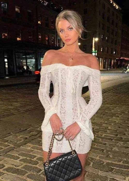 Off-Shoulder Lace Mini Dress - Stylbelle