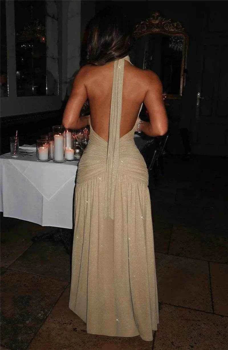 Glitter Halter Maxi Dress – Split & Backless Statement - Stylbelle