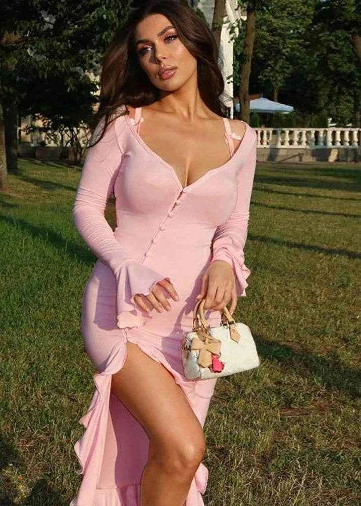 Pink Ruffle Maxi Dress - Stylbelle