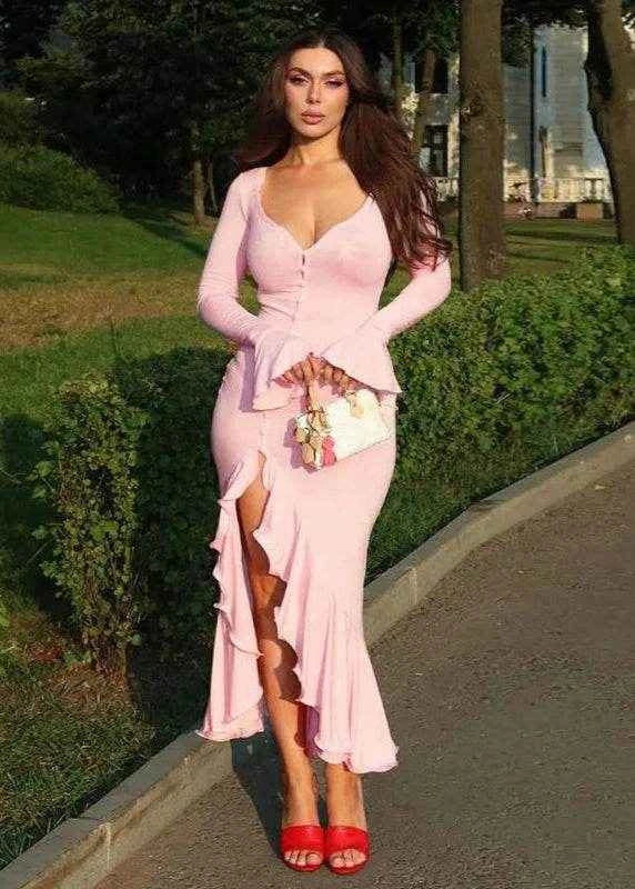 Pink Ruffle Maxi Dress - Stylbelle