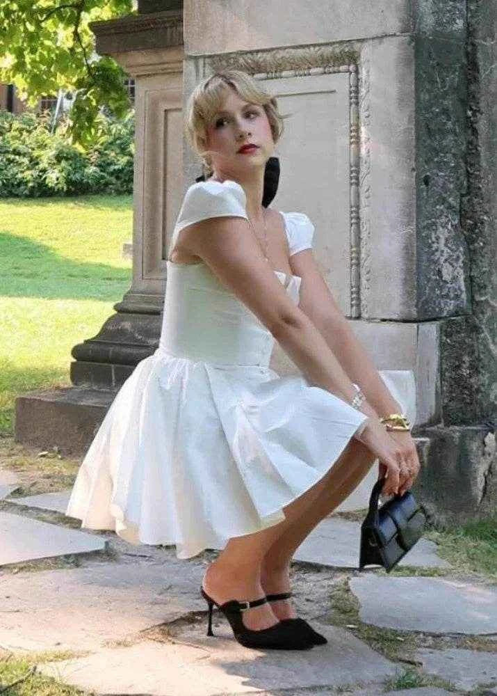White V-Neck Cape Sleeve Mini Dress - Stylbelle