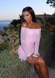 Pink Off-Shoulder Mesh Maxi Dress