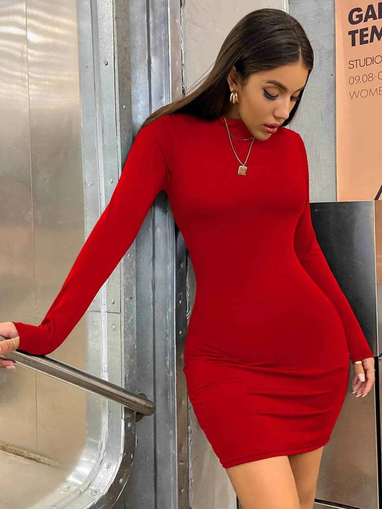 Long Sleeve Turtleneck Mini – Pleated Club Dress - Stylbelle