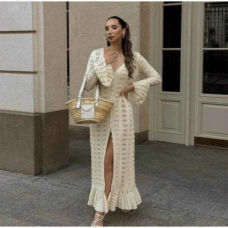 Elegant Knitted Hollow Out Long Dress - Stylbelle