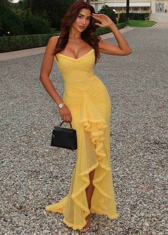 Irregular Mesh Spaghetti Strap Bodycon Maxi Dress - Stylbelle