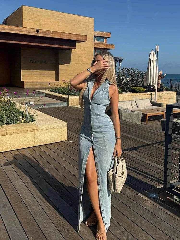 Denim Skinny Maxi Dress - Stylbelle