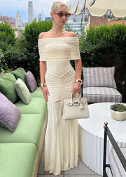 Off-Shoulder Ruched Mesh Maxi Dress