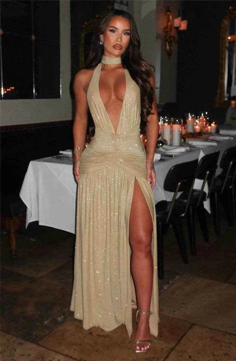 Glitter Halter Maxi Dress – Split & Backless Statement - Stylbelle