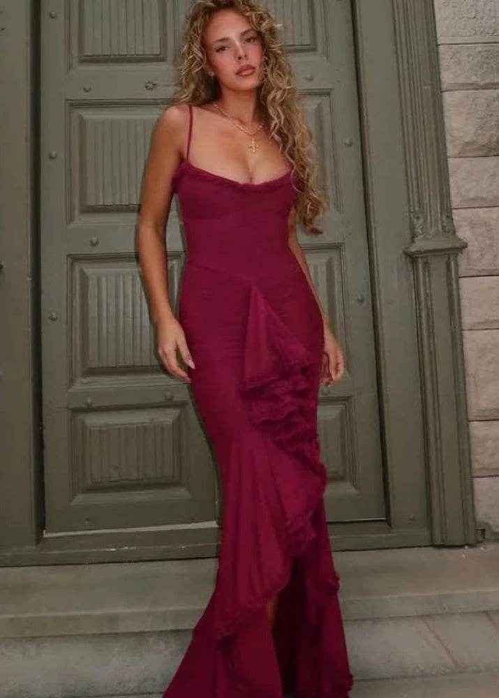 Irregular Mesh Spaghetti Strap Bodycon Maxi Dress - Stylbelle