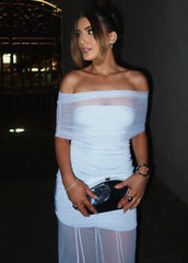 Off-Shoulder Ruched Mesh Maxi Dress