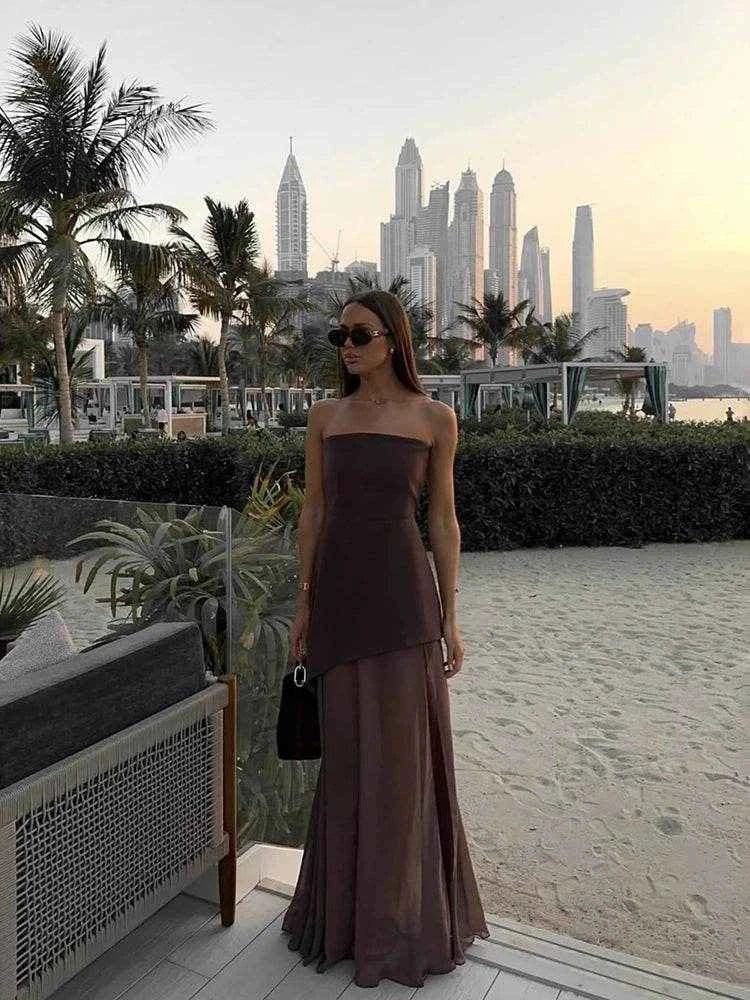 Strapless Mesh Ribbon Maxi Dress - Stylbelle
