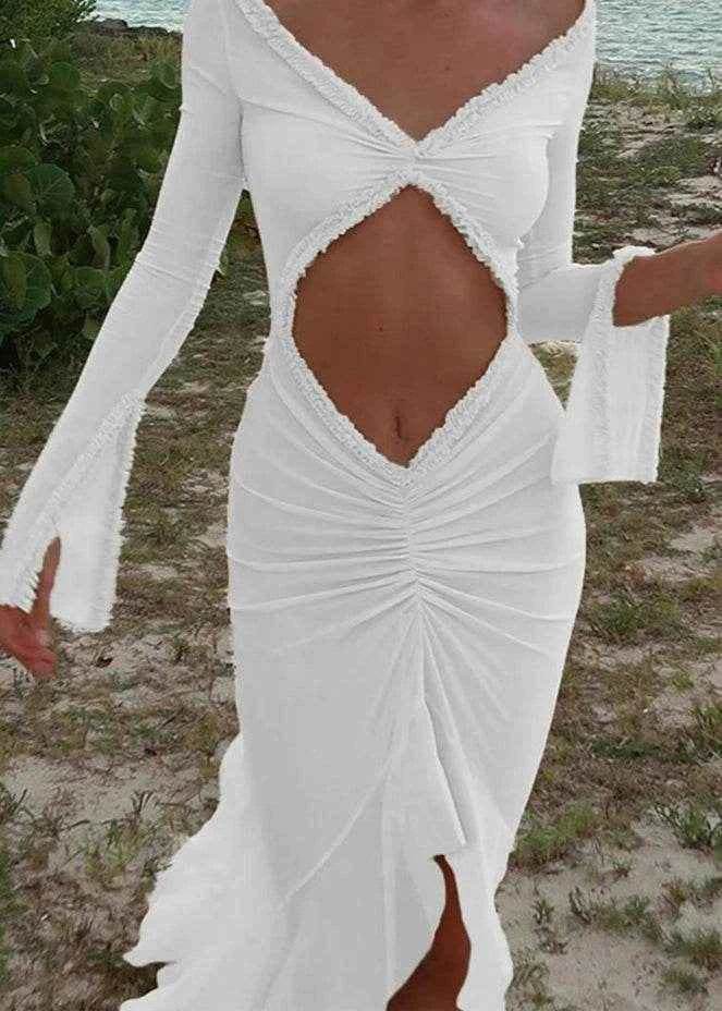 Classic Mesh Asymmetrical Shirred Dress - Stylbelle
