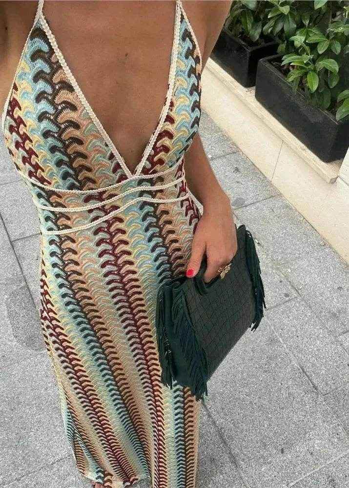 Colorful Printed Crochet Maxi Dress – Deep V Backless - Stylbelle