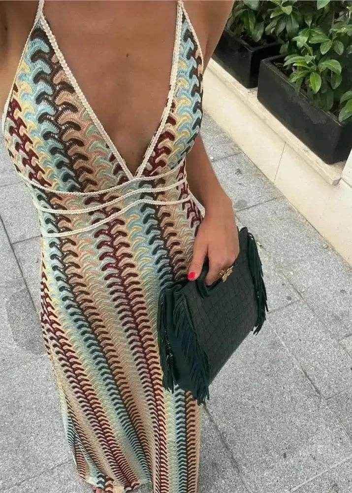 Colorful Printed Crochet Maxi Dress – Deep V Backless - Stylbelle