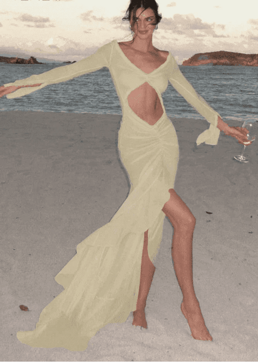 Classic Mesh Asymmetrical Shirred Dress - Stylbelle