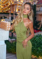 Green Satin Halter Maxi Dress