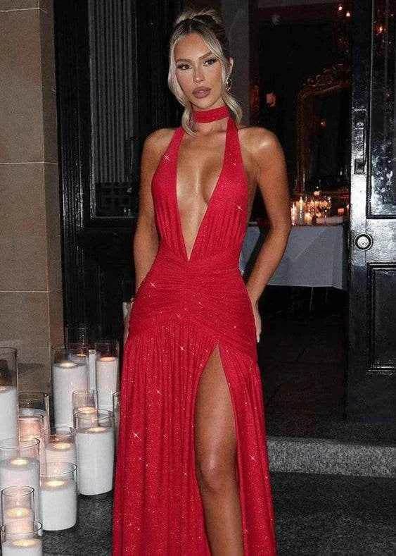 Glitter Halter Maxi Dress – Split & Backless Statement - Stylbelle